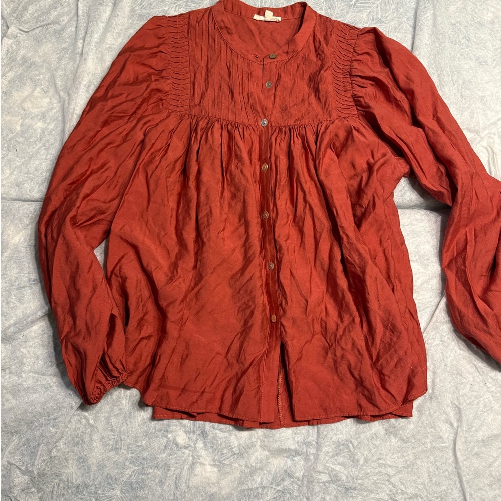 Easel Brick Red Button-Up Blouse